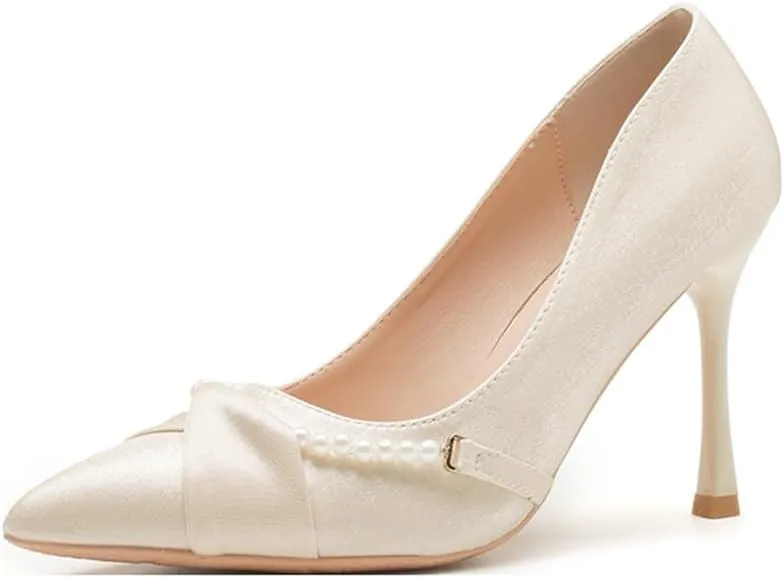 Sharp Head Fine Heel Satin Pearl Buckle Decoration Buckle Hundred Matching Commuter 5cm/1.97in High Heels Female
