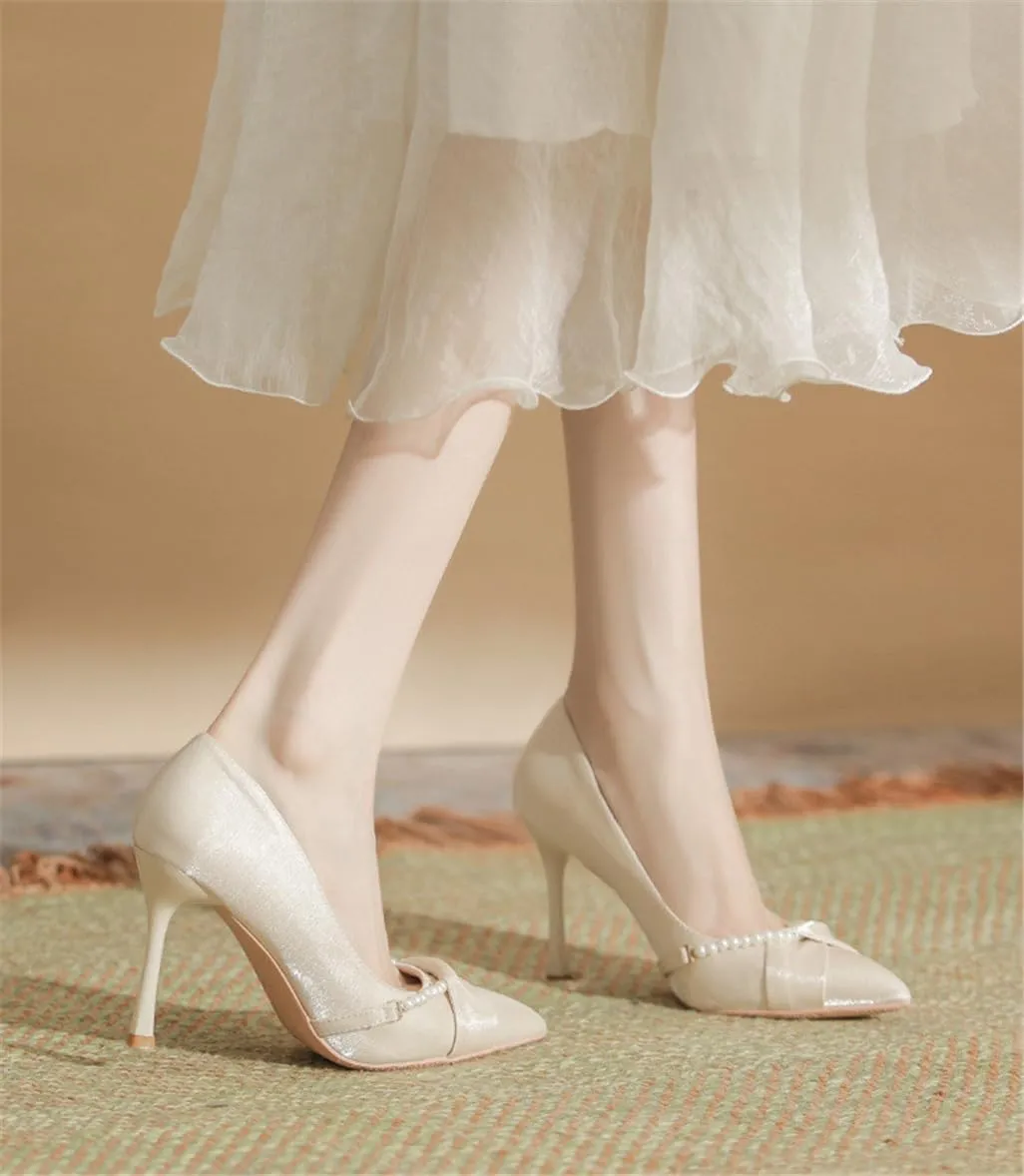 Sharp Head Fine Heel Satin Pearl Buckle Decoration Buckle Hundred Matching Commuter 5cm/1.97in High Heels Female