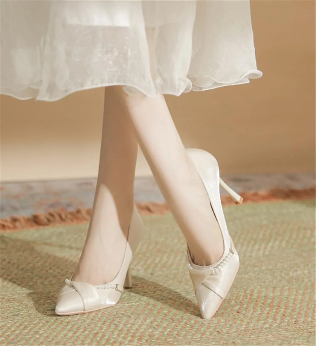 Sharp Head Fine Heel Satin Pearl Buckle Decoration Buckle Hundred Matching Commuter 5cm/1.97in High Heels Female