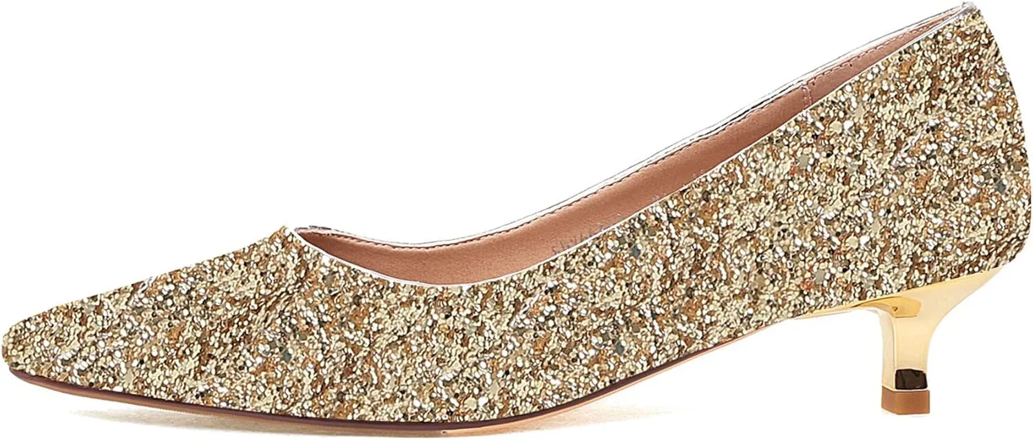 SHEMEE Women's Sequin Kitten Heel Wedding Pumps Pointed Toe Sparkly Party Wear Glitter Bridal Shoes