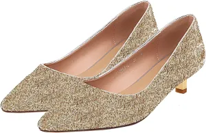 SHEMEE Women's Sequin Kitten Heel Wedding Pumps Pointed Toe Sparkly Party Wear Glitter Bridal Shoes