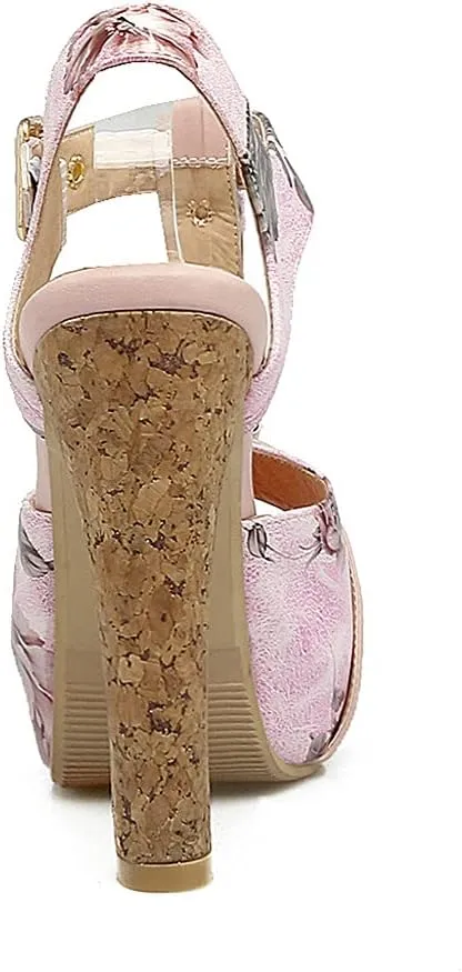 Shinelly Women Floral Peep Toe T-Strap Platform Chunky Block Heel Sandals High Heeled Sandal