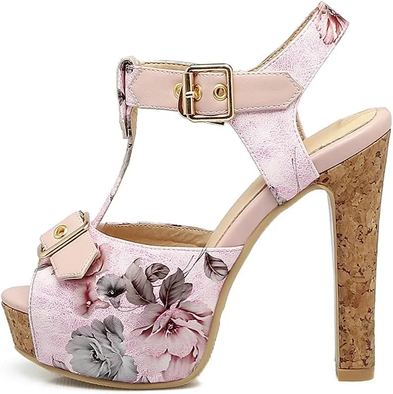 Shinelly Women Floral Peep Toe T-Strap Platform Chunky Block Heel Sandals High Heeled Sandal