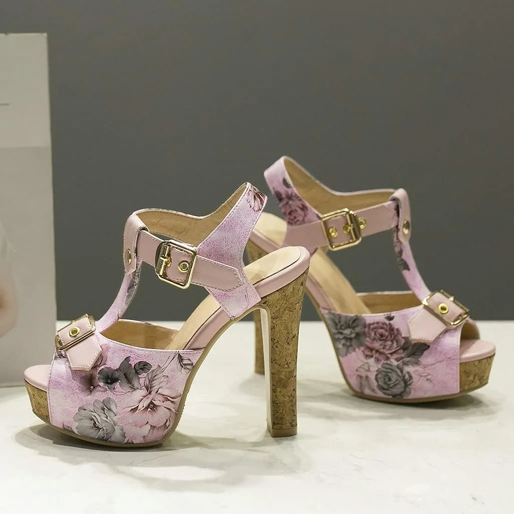 Shinelly Women Floral Peep Toe T-Strap Platform Chunky Block Heel Sandals High Heeled Sandal
