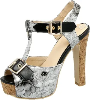 Shinelly Women Floral Peep Toe T-Strap Platform Chunky Block Heel Sandals High Heeled Sandal