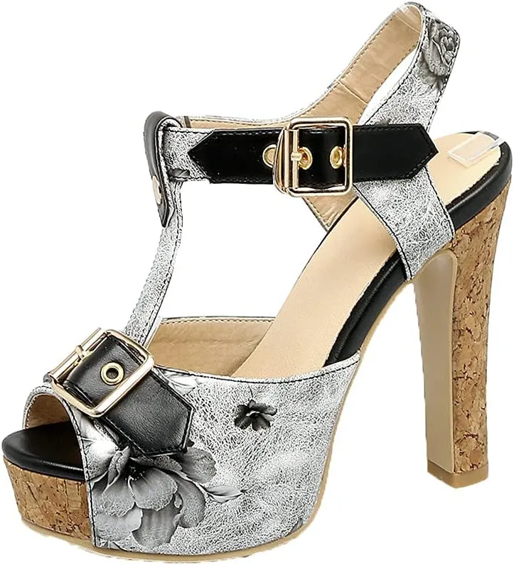 Shinelly Women Floral Peep Toe T-Strap Platform Chunky Block Heel Sandals High Heeled Sandal