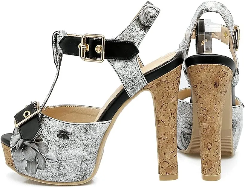 Shinelly Women Floral Peep Toe T-Strap Platform Chunky Block Heel Sandals High Heeled Sandal