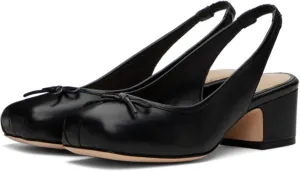 Slingback Ballet Heels for Women Cute Bow Square Toe Low Chunky Heel Ballerina Pumps Comfort Satin Mary Jane Heels Shoes with Elastic Rear Strap