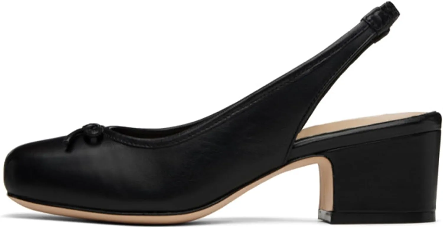 Slingback Ballet Heels for Women Cute Bow Square Toe Low Chunky Heel Ballerina Pumps Comfort Satin Mary Jane Heels Shoes with Elastic Rear Strap