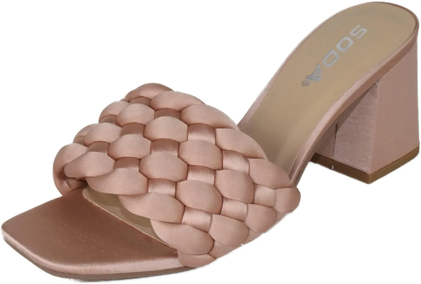 Soda Shoes Women Block High Heel Sandals Braided Band Square Toe Satin Shauna-S