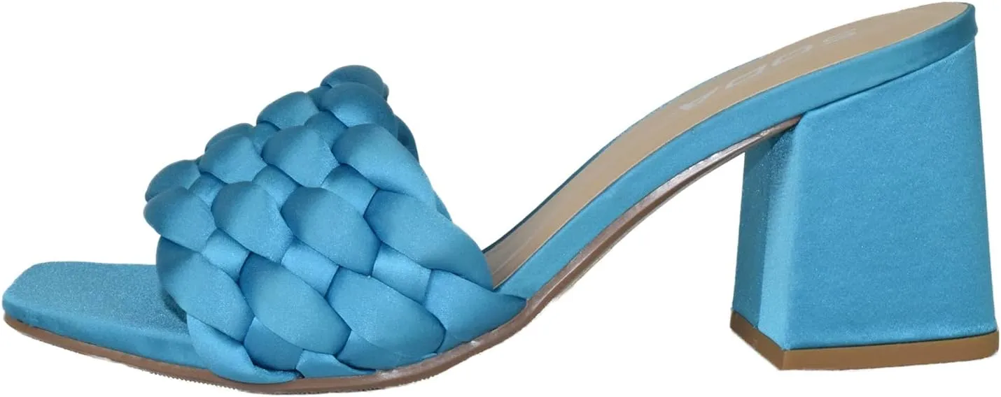 Soda Shoes Women Block High Heel Sandals Braided Band Square Toe Satin Shauna-S