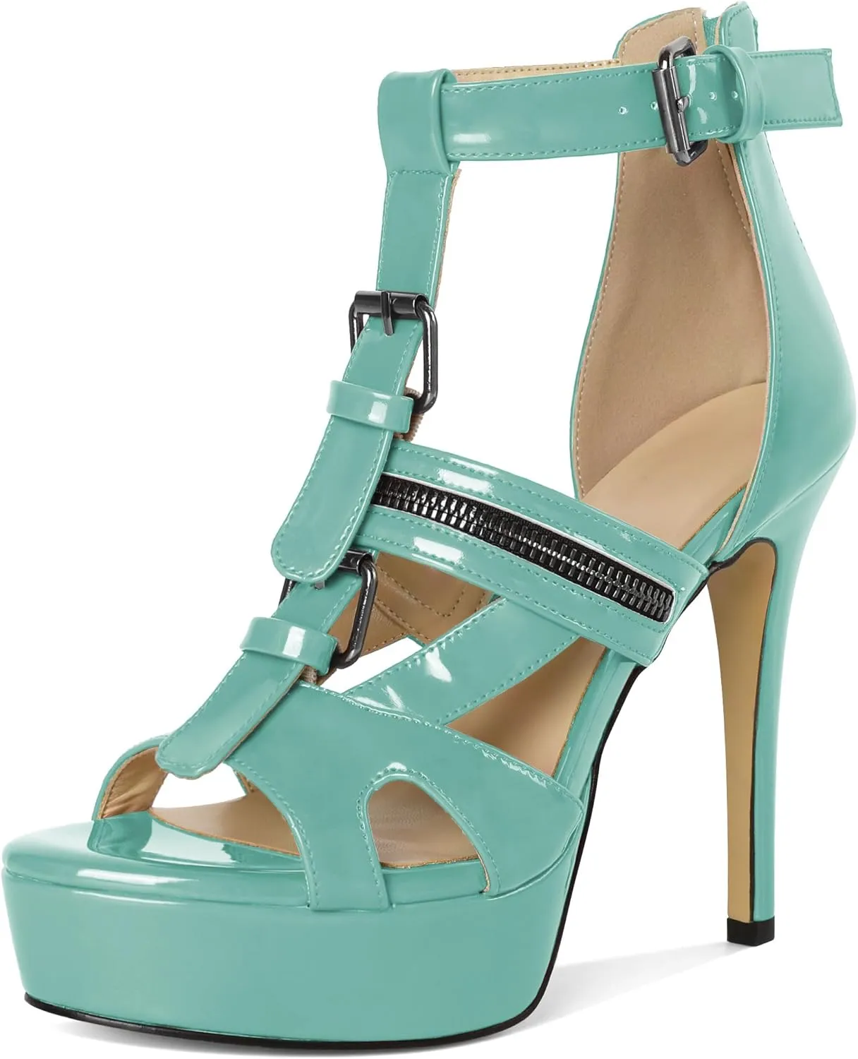 Soireelady Women's Platform High Heels Gothic Sandals Open Toe T-strap Stiletto Heels Peep Toe Punk Heeled Sandals 5 Inch