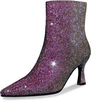 Sparkle Ankle Boots for Women Pointed Toe Kitten Heel Glitter Booties Side Zipper Mesh Rhinestone Dressy Heels Shoes