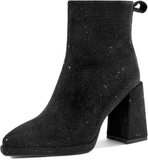 Sparkling Rhinestone Chunky High Heeled Ankle Boots with Side Metal Zipper for Women,Women's Crystal Sequin Closed Pointed Toe Booties Comfortable Pull-on Short Boots Fashion Sexy Party Prom Wedding Dressy Boots