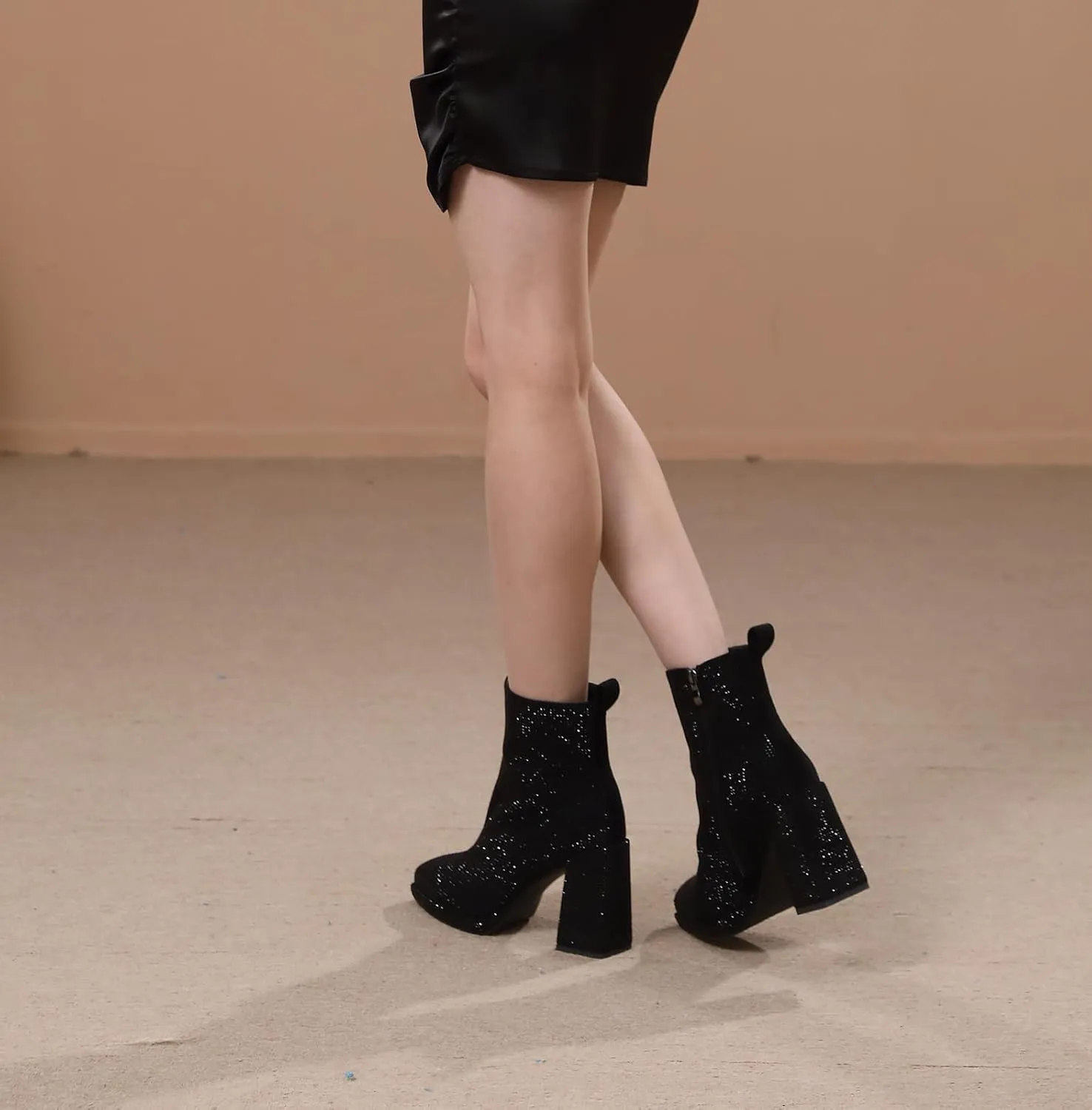 Sparkling Rhinestone Chunky High Heeled Ankle Boots with Side Metal Zipper for Women,Women's Crystal Sequin Closed Pointed Toe Booties Comfortable Pull-on Short Boots Fashion Sexy Party Prom Wedding Dressy Boots