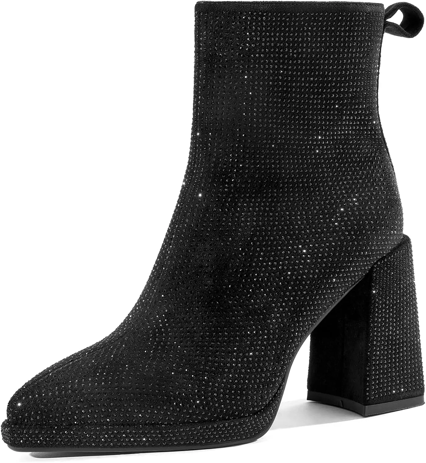 Sparkling Rhinestone Chunky High Heeled Ankle Boots with Side Metal Zipper for Women,Women's Crystal Sequin Closed Pointed Toe Booties Comfortable Pull-on Short Boots Fashion Sexy Party Prom Wedding Dressy Boots