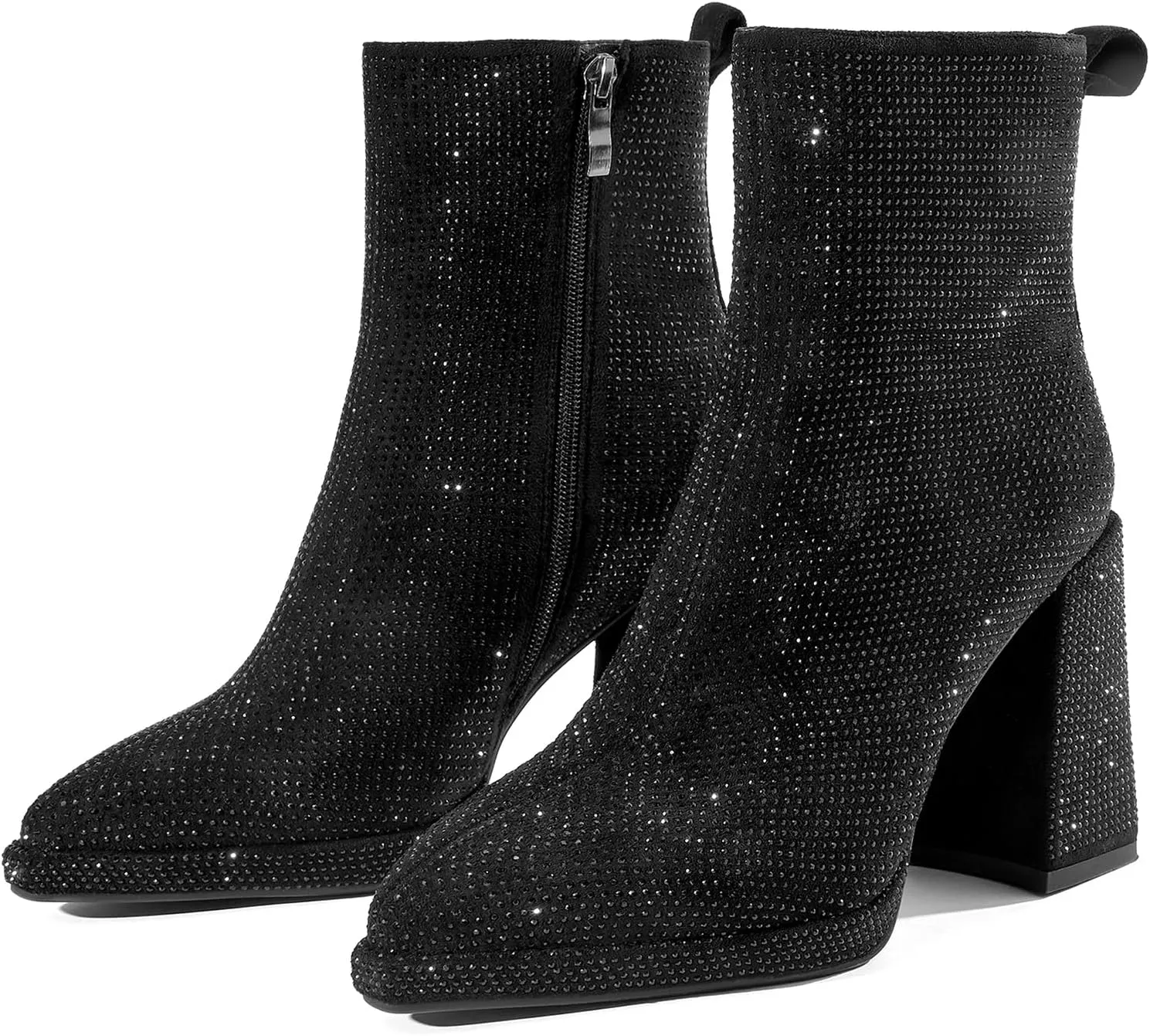 Sparkling Rhinestone Chunky High Heeled Ankle Boots with Side Metal Zipper for Women,Women's Crystal Sequin Closed Pointed Toe Booties Comfortable Pull-on Short Boots Fashion Sexy Party Prom Wedding Dressy Boots