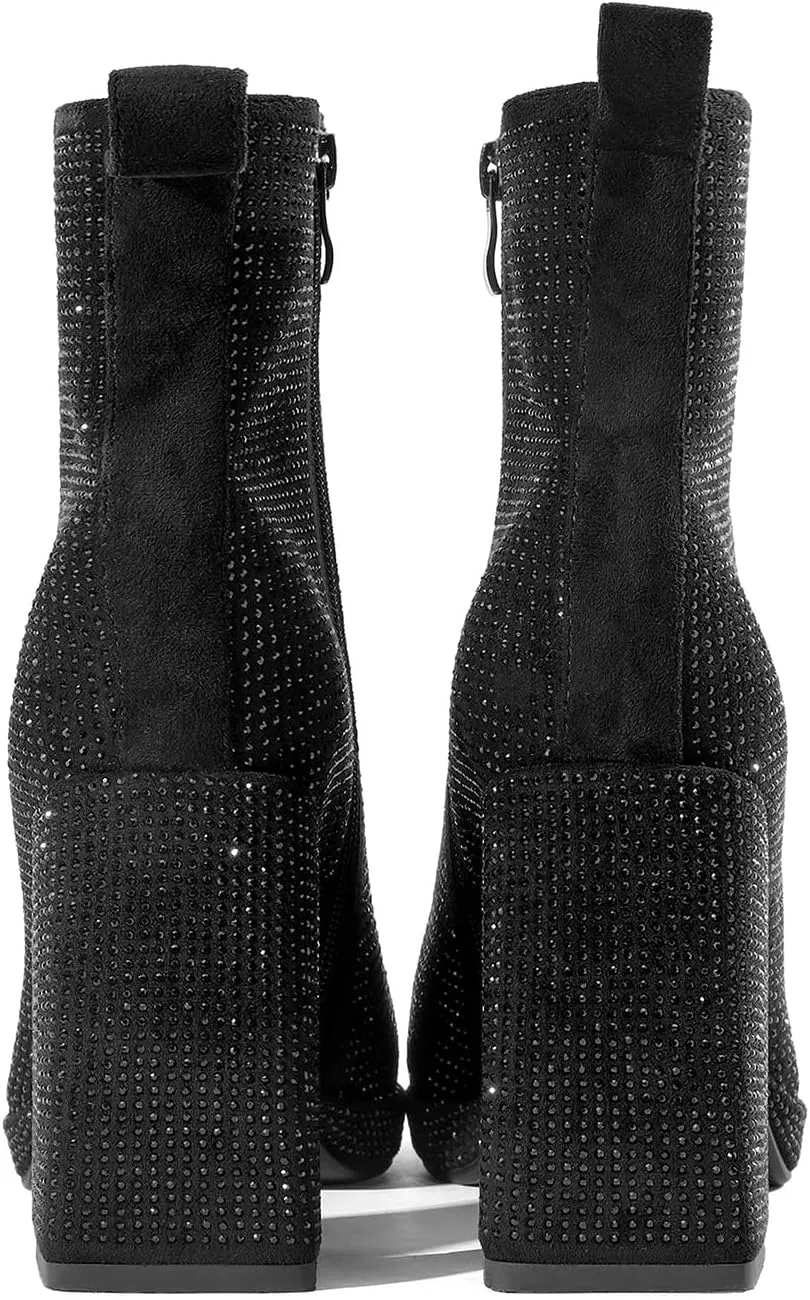 Sparkling Rhinestone Chunky High Heeled Ankle Boots with Side Metal Zipper for Women,Women's Crystal Sequin Closed Pointed Toe Booties Comfortable Pull-on Short Boots Fashion Sexy Party Prom Wedding Dressy Boots