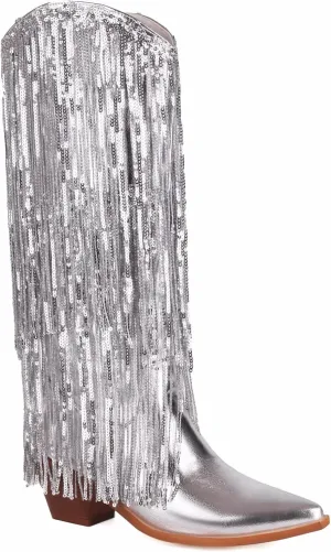 Sparkly Knee High Boots for Women Sequin Boots for Women Sparkle Boots Fringe Pointed Toe Pull On Glitter Cowboy Boots