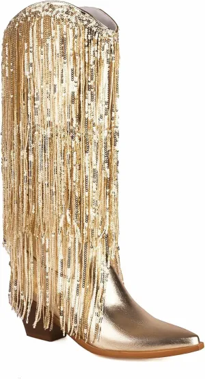 Sparkly Knee High Boots for Women Sequin Boots for Women Sparkle Boots Fringe Pointed Toe Pull On Glitter Cowboy Boots