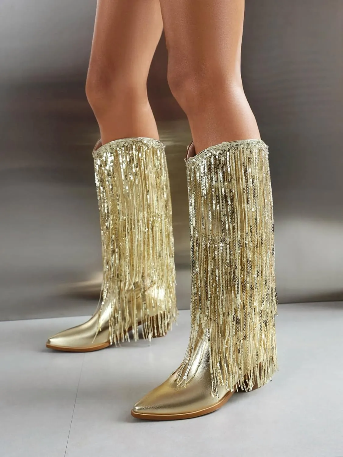 Sparkly Knee High Boots for Women Sequin Boots for Women Sparkle Boots Fringe Pointed Toe Pull On Glitter Cowboy Boots