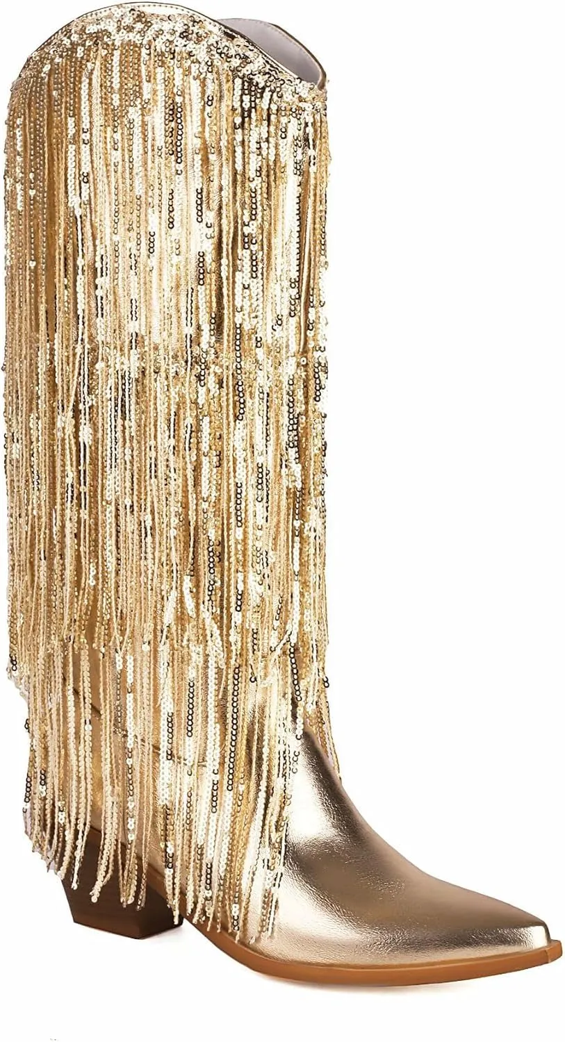Sparkly Knee High Boots for Women Sequin Boots for Women Sparkle Boots Fringe Pointed Toe Pull On Glitter Cowboy Boots
