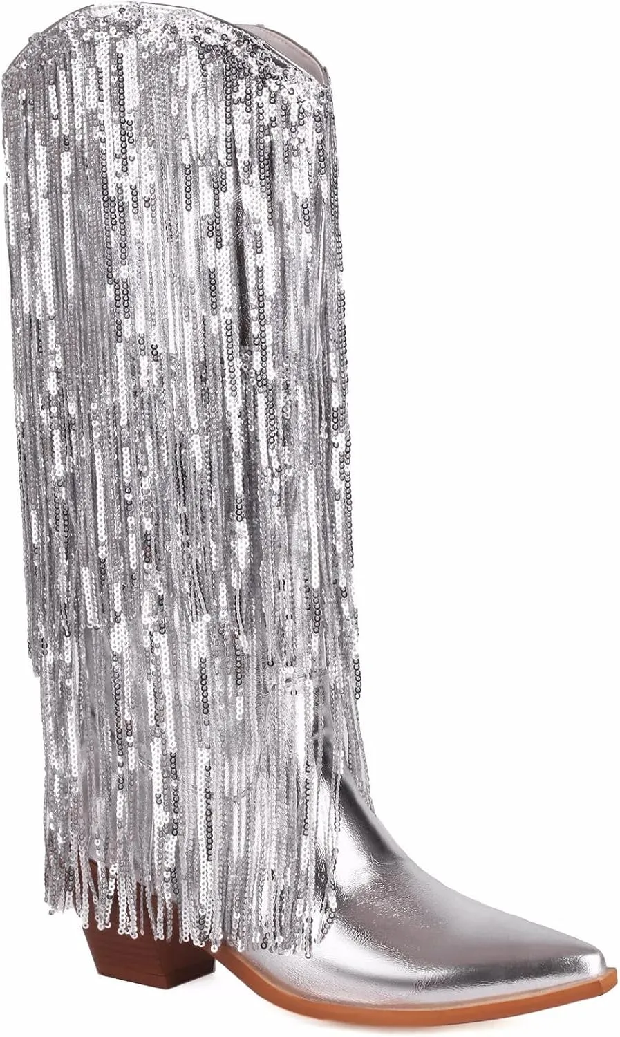 Sparkly Knee High Boots for Women Sequin Boots for Women Sparkle Boots Fringe Pointed Toe Pull On Glitter Cowboy Boots