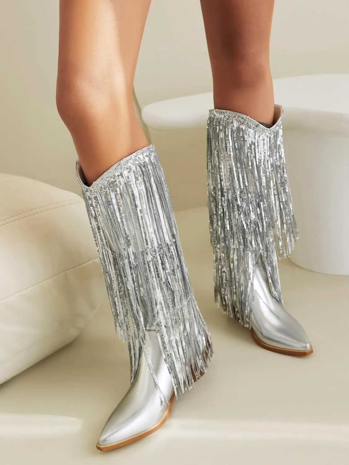 Sparkly Knee High Boots for Women Sequin Boots for Women Sparkle Boots Fringe Pointed Toe Pull On Glitter Cowboy Boots