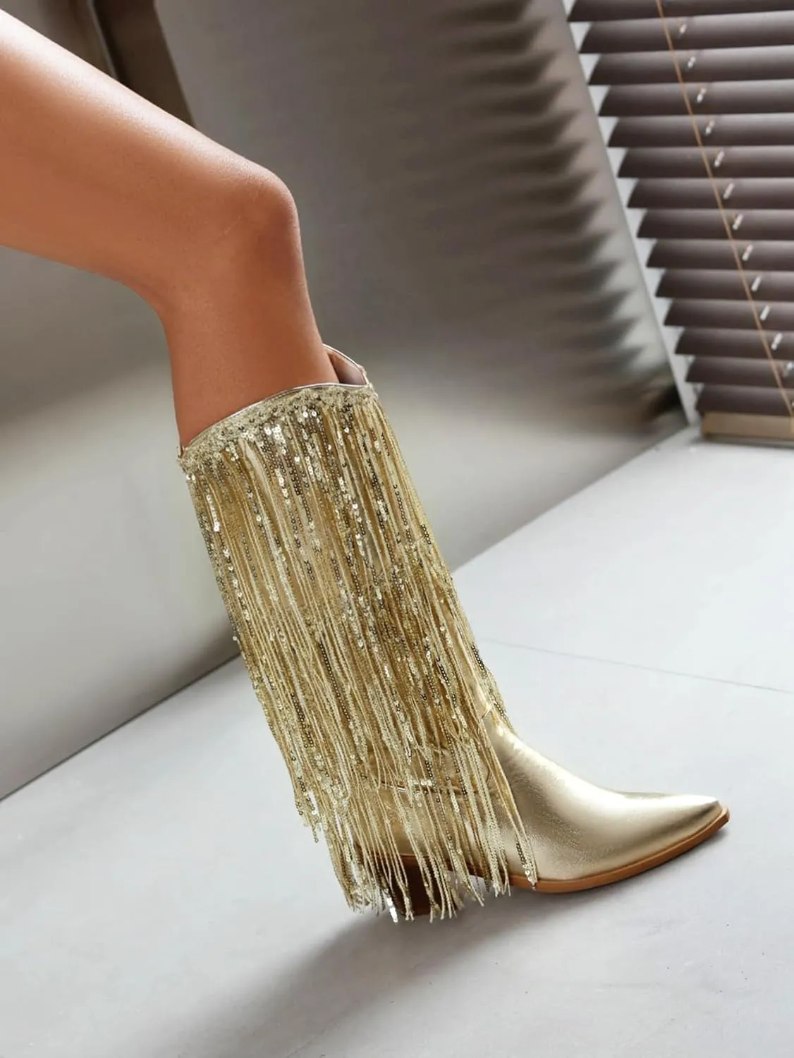 Sparkly Knee High Boots for Women Sequin Boots for Women Sparkle Boots Fringe Pointed Toe Pull On Glitter Cowboy Boots