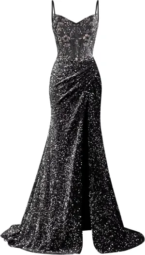 Sparkly Sequin Prom Dresses 2025 Long Mermaid Lace Applique Evening Dress Spaghetti Straps Pleated Formal Gown with Slit