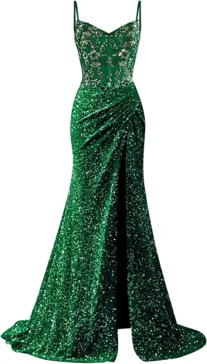 Sparkly Sequin Prom Dresses 2025 Long Mermaid Lace Applique Evening Dress Spaghetti Straps Pleated Formal Gown with Slit