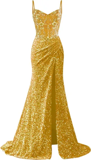 Sparkly Sequin Prom Dresses 2025 Long Mermaid Lace Applique Evening Dress Spaghetti Straps Pleated Formal Gown with Slit