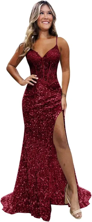 Sparkly Sequin Prom Dresses for Teens 2025 Glitter Applique Mermaid Formal Evening Gown with Slit