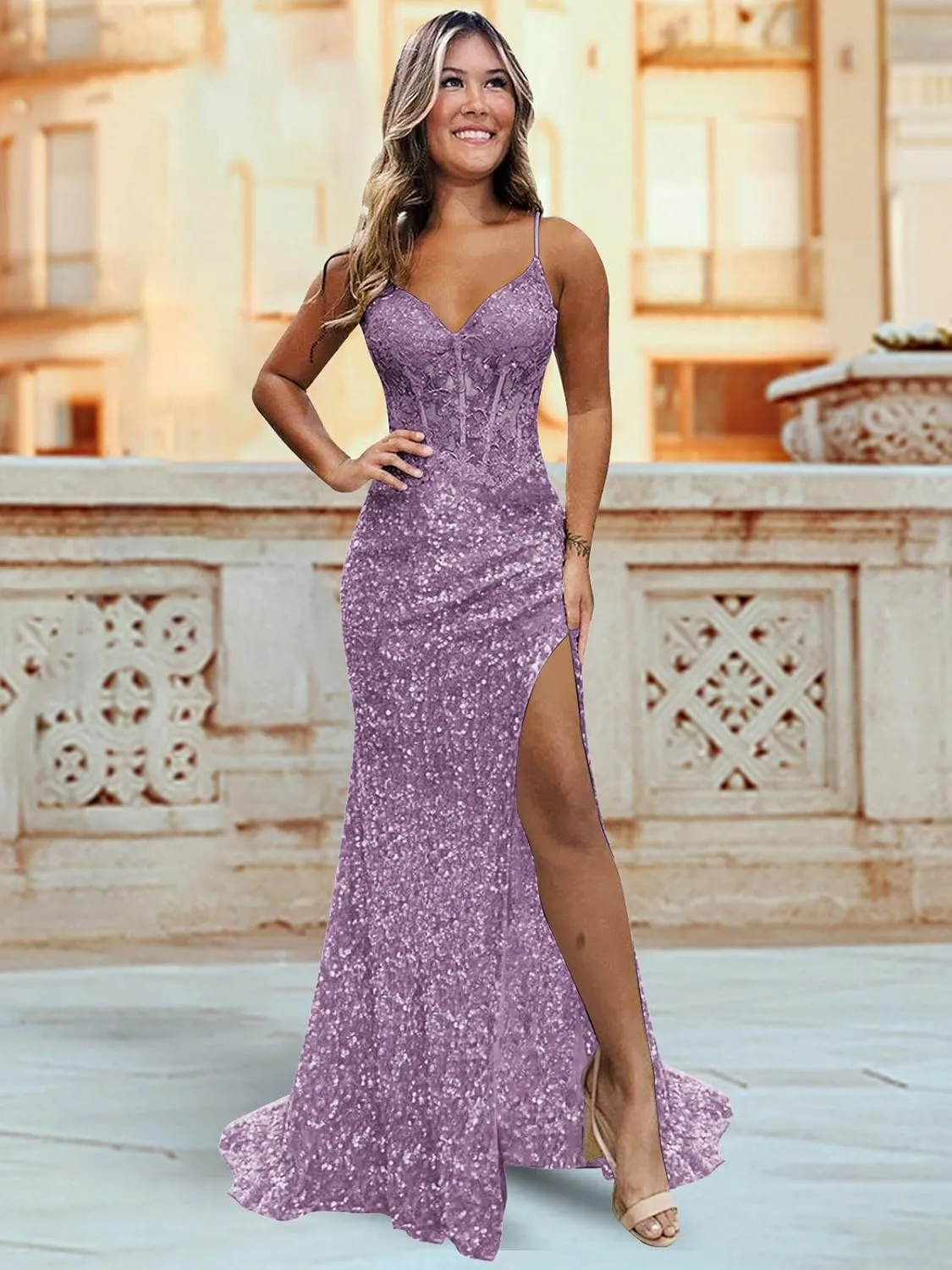 Sparkly Sequin Prom Dresses for Teens 2025 Glitter Applique Mermaid Formal Evening Gown with Slit