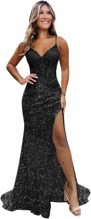 Sparkly Sequin Prom Dresses for Teens 2025 Glitter Applique Mermaid Formal Evening Gown with Slit