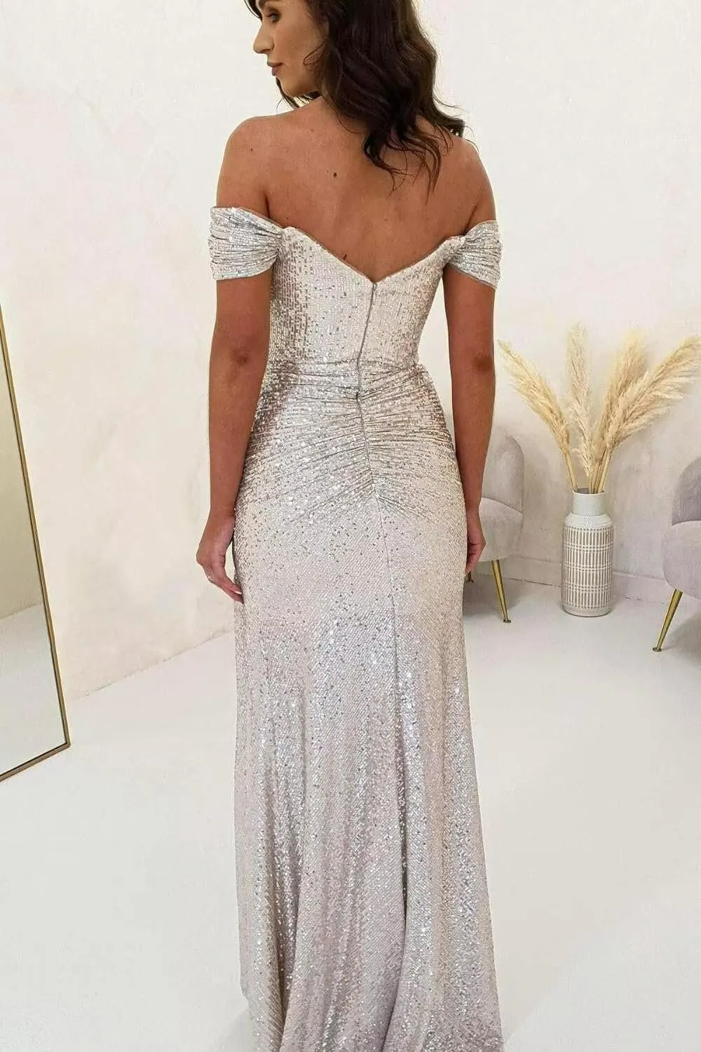 Sparkly Sequin Prom Dresses Long with Slit Off The Shoulder Bridesmaid Dress Pleated Evening Formal Gowns