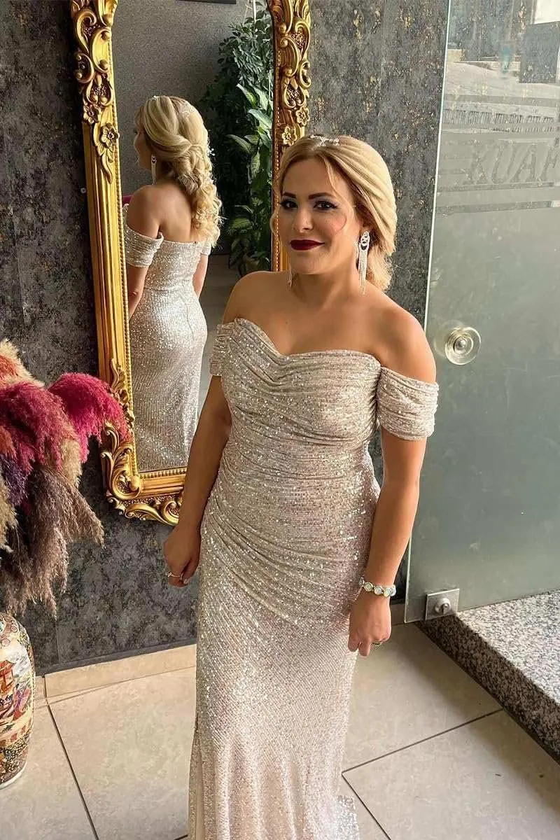 Sparkly Sequin Prom Dresses Long with Slit Off The Shoulder Bridesmaid Dress Pleated Evening Formal Gowns