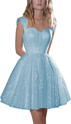 Sparkly Tulle Homecoming Dresses Off Shoulder Glitter Short Prom A line Short Formal Cocktail Gowns for Womens