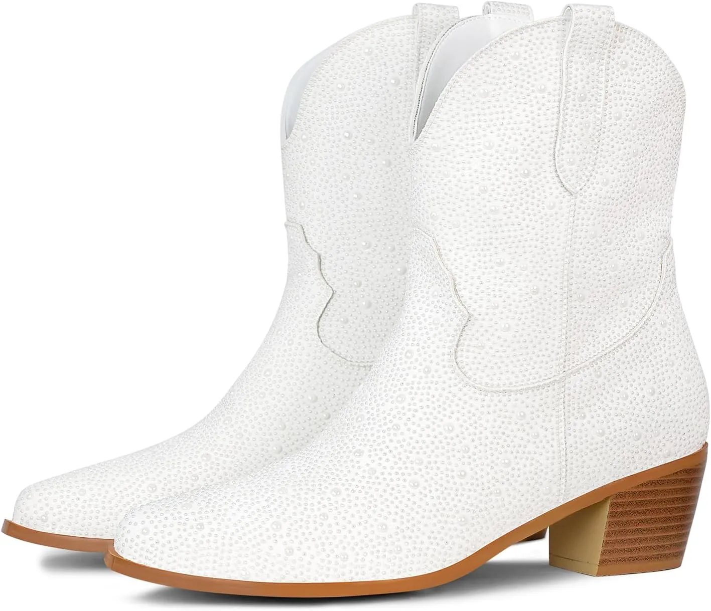STALOV Women's Western Cowgirl Boots, Embroidered, Silver, Ankle-High, Pointed Toe, Pull-On, Block Heel, Casual, Spring, Fall, Cowboy, Horse Riding
