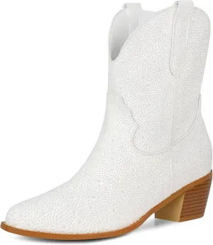 STALOV Women's Western Cowgirl Boots, Embroidered, Silver, Ankle-High, Pointed Toe, Pull-On, Block Heel, Casual, Spring, Fall, Cowboy, Horse Riding
