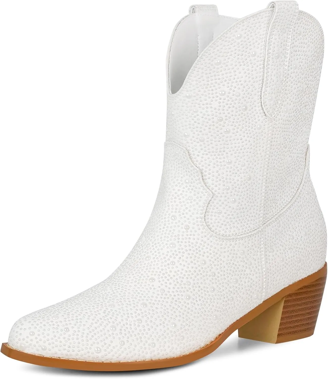 STALOV Women's Western Cowgirl Boots, Embroidered, Silver, Ankle-High, Pointed Toe, Pull-On, Block Heel, Casual, Spring, Fall, Cowboy, Horse Riding