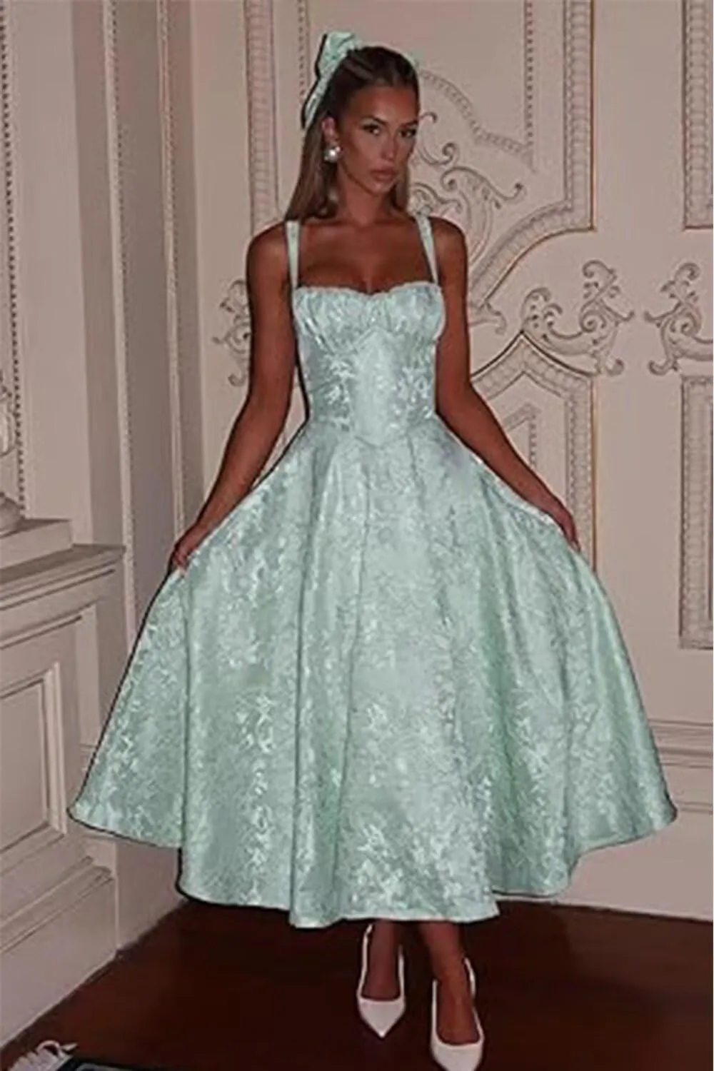 Strapless Jacquard Prom Dresses with Bow A-Line Midi Cocktail Party Dress 2025 EEM185