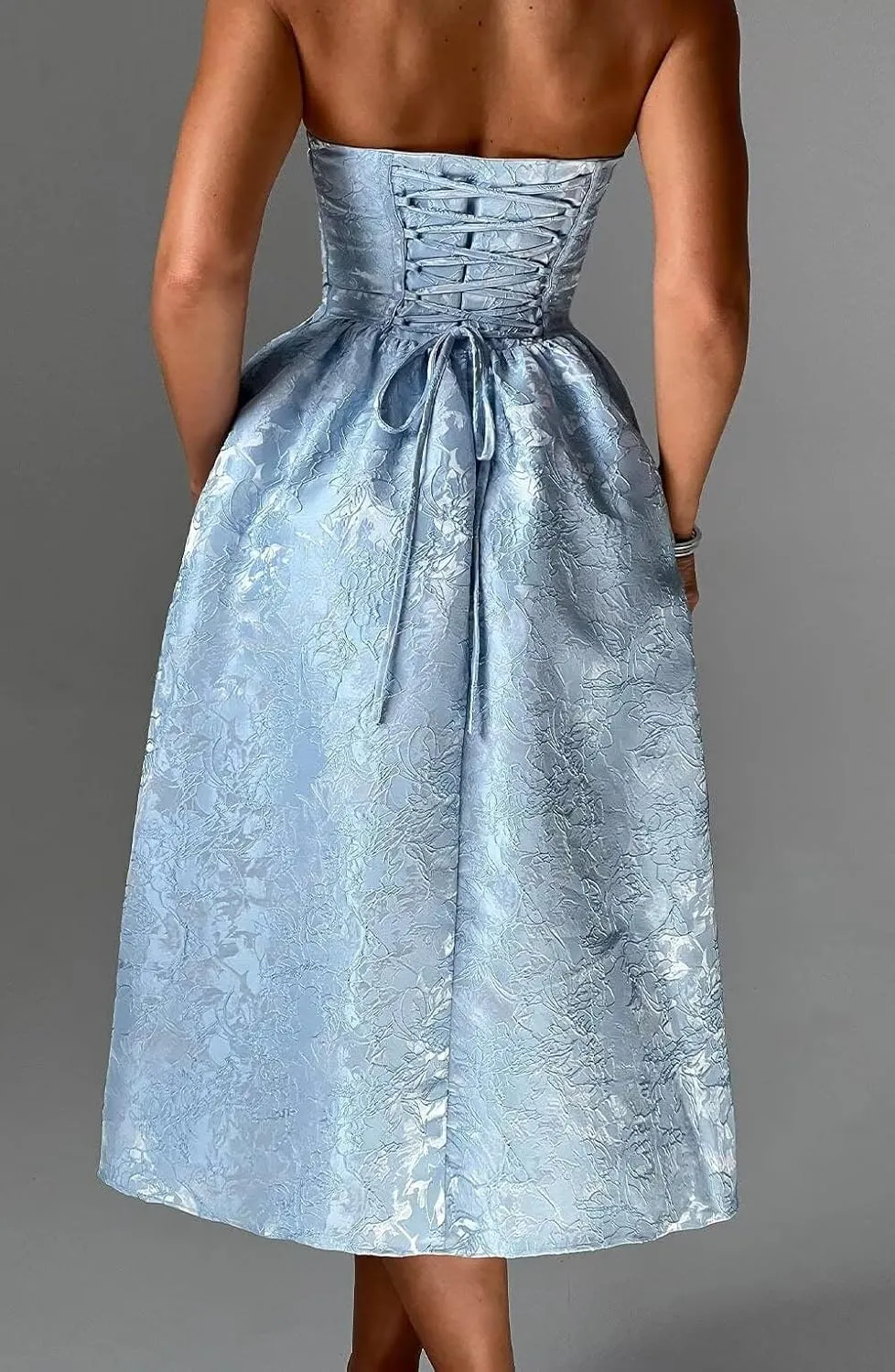 Strapless Jacquard Prom Dresses with Pockets A-Line Midi Cocktail Party Dress