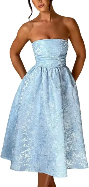 Strapless Jacquard Prom Dresses with Pockets A-Line Midi Cocktail Party Dress