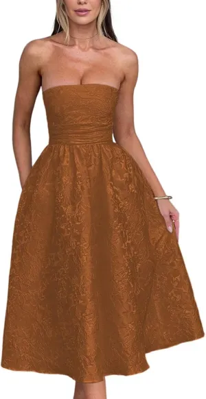 Strapless Jacquard Prom Dresses with Pockets A-Line Midi Cocktail Party Dress