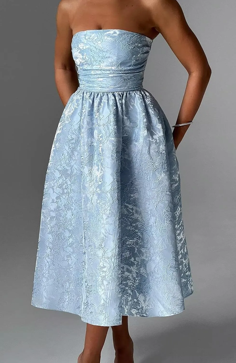 Strapless Jacquard Prom Dresses with Pockets A-Line Midi Cocktail Party Dress