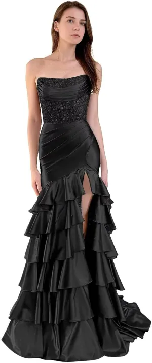Strapless Tiered Long Prom Dresses Satin Appliques Mermaid Formal Party Dress Evening Gowns with Slit