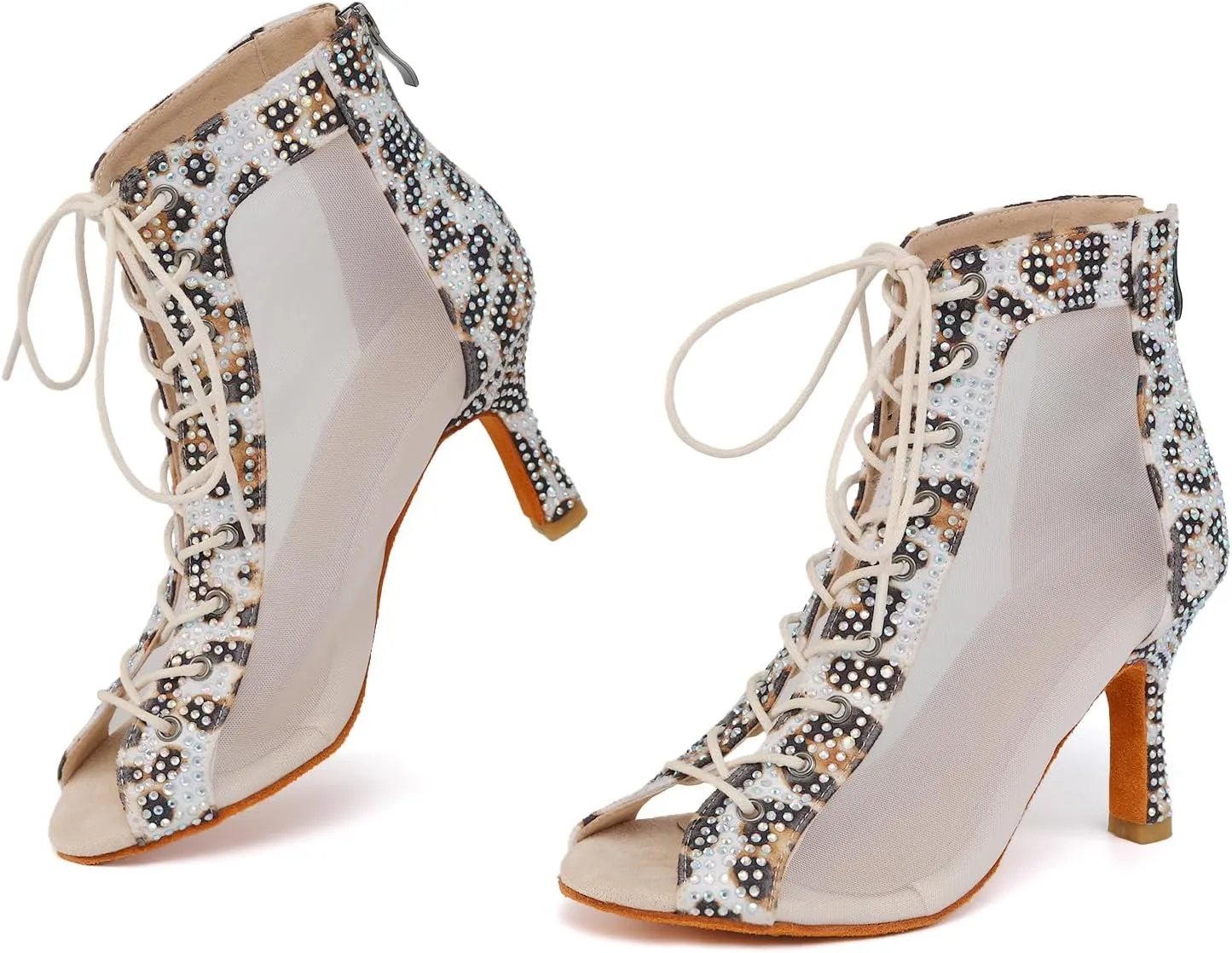 SWDZM Womens Rhinestones Ballroom Dance Booties Open Toe Lace up Ankle Latin Salsa Professional Dancing Heels Boots