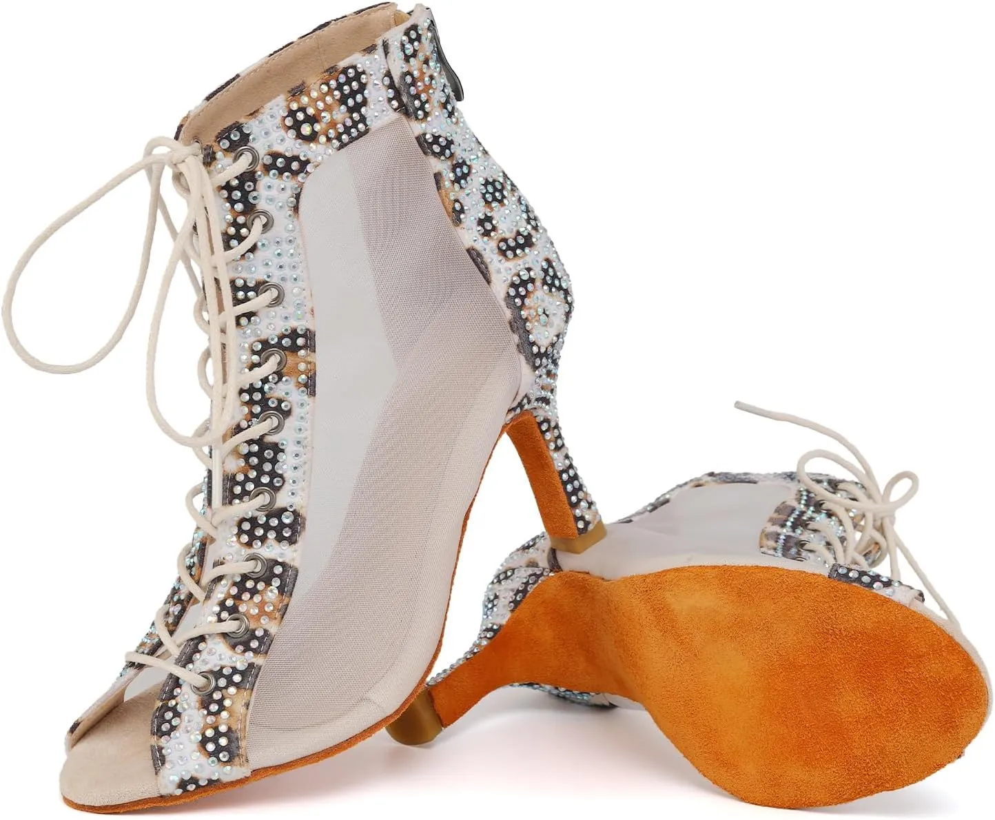 SWDZM Womens Rhinestones Ballroom Dance Booties Open Toe Lace up Ankle Latin Salsa Professional Dancing Heels Boots