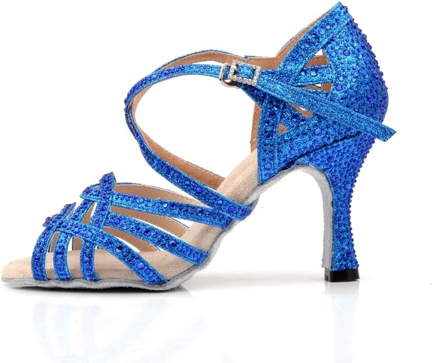 TDA Women's Flared Heel Satin Rhinestones Cut-out Rumba Samba Tango Latin Dance Shoes Wedding Praty Sandals